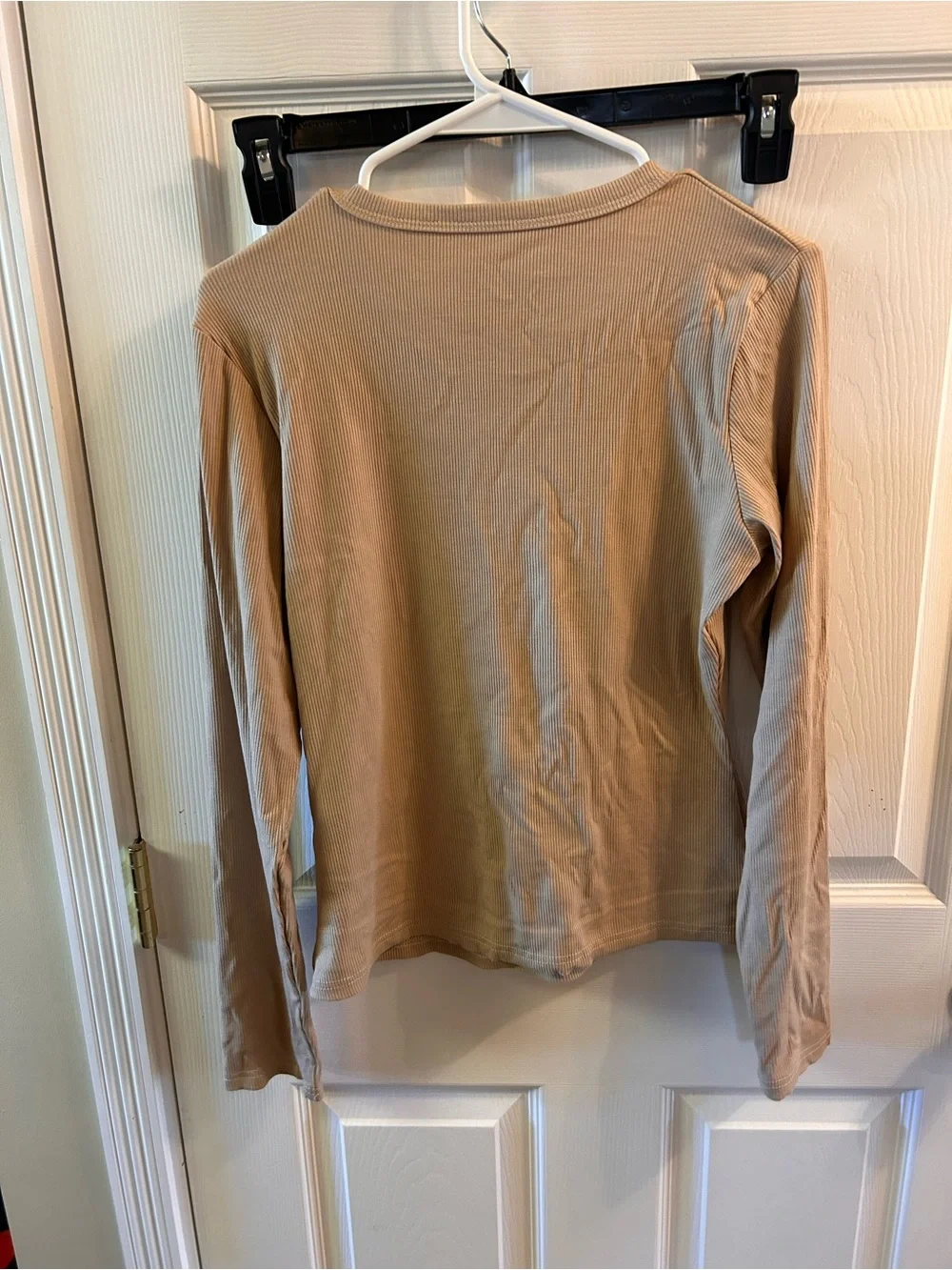 Beige Long Sleeve Ribbed Tee - Picture 2 of 4